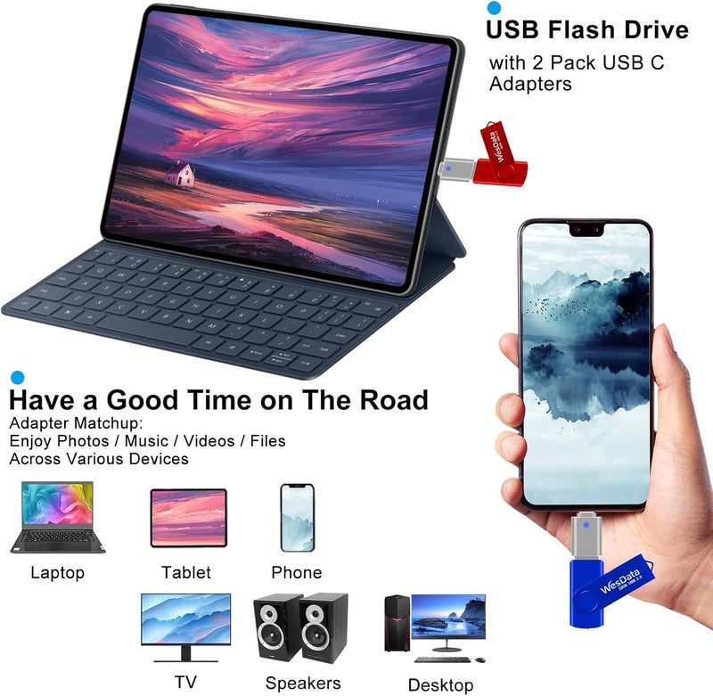 WesData 5 Pack 32GB USB Flash Drive and 2 Pack USB C Adapters in a Case, Thumb Drives Memory Stick Storage and Backup for Smart Phones with Type C Port, Laptops, PC(5 Colors) - Image 4